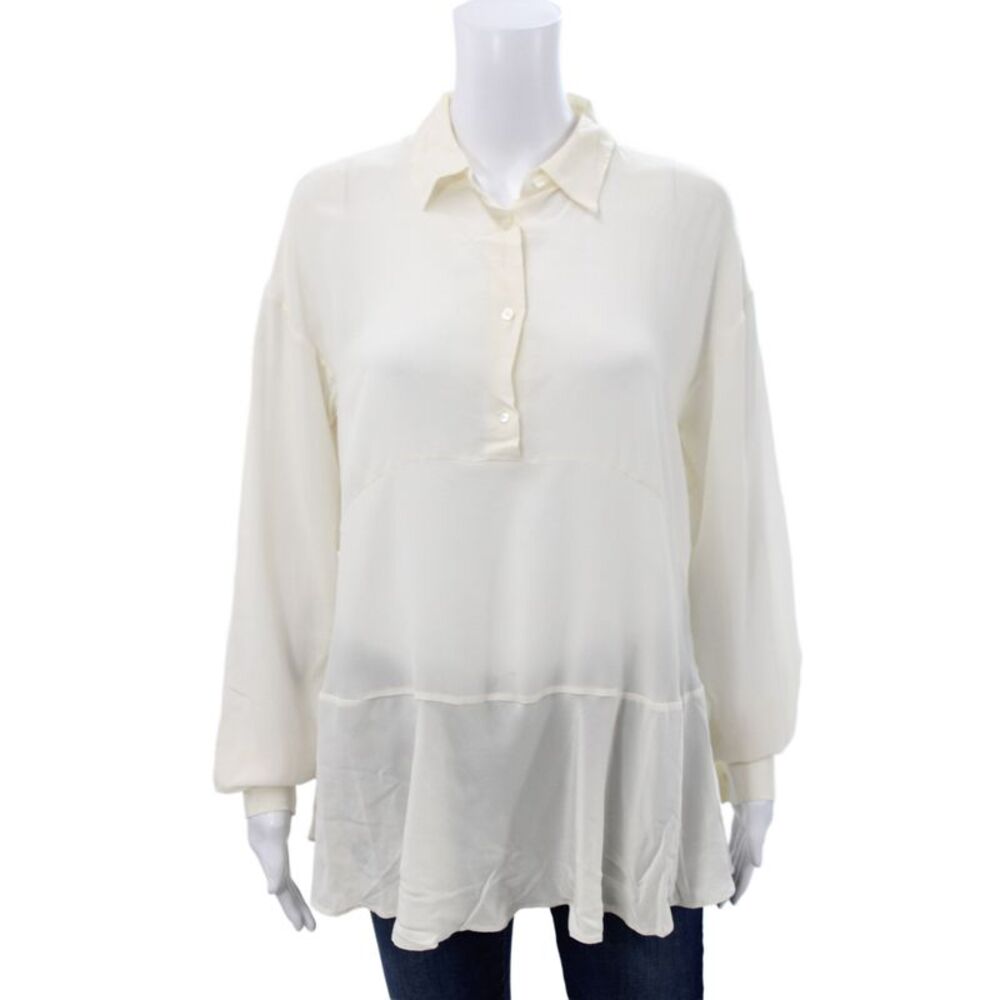 Mauro Grifoni Women Tunic Blouse Collared Button Long Sleeve Ivory Size M